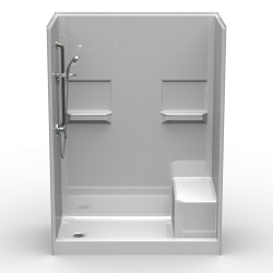 4LBSS6036 L/R, Four Piece 60” x 36” Curbed Shower, 4” Threshold, End Drain, and Mold-In Seat