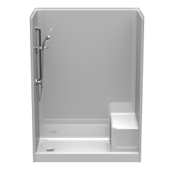 4LBSS6036FB L/R, Four Piece 60” x 36” Curbed Shower, 4” Threshold, End Drain, and Mold-In Seat